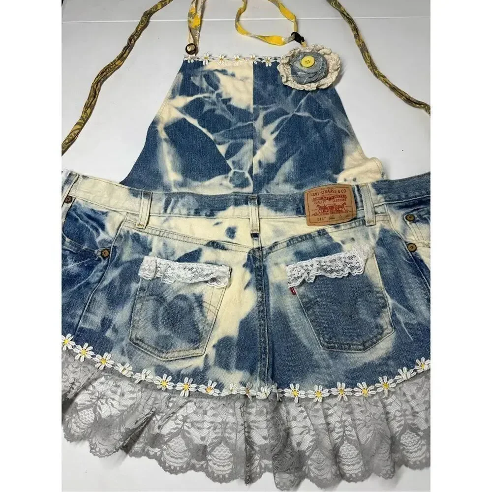 Handmade Vintage Apron Denim Lace Size Adult Levi’s Tie Dye